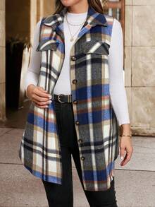 SHEIN Clasi Áo khoác len không tay kẻ caro thanh lịch cỡ lớn cho nữ, áo khoác công sở thời trang cho mùa thu/đông - Nhiều màu - Xem 6