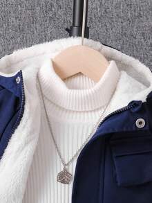 Baby Boys' Hooded Thermal Lined Slanted Pocket Zipper Pocket Casual Versatile Jacket, Suitable For Outdoor & Indoor Wear, Autumn/Winter - Navy Blue - View 6