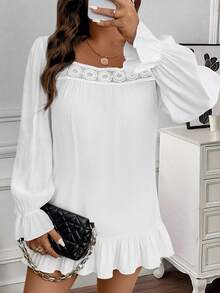 Elenzga Váy dài tay ren màu trơn tương phản cỡ lớn dành cho nữ, mùa thu/đông - trắng - Xem 4