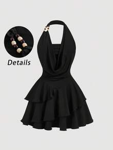 SHEIN MOD Váy ngắn bất đối xứng cổ điển thập niên 70 cỡ lớn với chi tiết xếp nếp, cổ yếm, trang trí hạt cườm, viền bánh nhiều lớp và cổ áo xếp nếp - Lấy cảm hứng từ Y2K, hoàn hảo cho kỳ nghỉ trên đảo, tiệc tùng, hẹn hò, tiệc sinh nhật, tiệc trà chiều và lễ hội! - màu đen - Xem 1