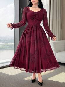 Feyla Đầm dài tay cổ tim thanh lịch dành cho nữ - Màu Đỏ Sâu - Xem 1