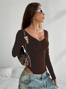 Flirla 1pc Women's Sexy Deep V-Neck Solid Color Ruched Bodysuit With Long Sleeves - Coffee Brown - View 4