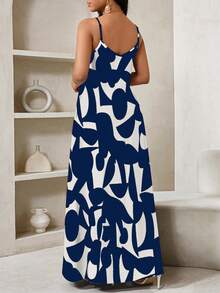 SHEIN Lady Vestido de tirantes largo con estampado geométrico, apto para uso casual diario - Azul y blanco - Ver 2