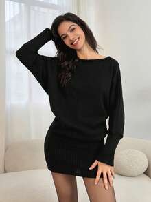 SHEIN Tall Vestido de suéter ajustado de manga larga negra con hombro asimétrico y cintura entallada, de estilo Y2K versátil, para uso casual/diario, con estética vintage estadounidense para otoño/invierno - Negro - Ver 5