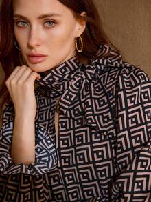 MOTF PREMIUM Blusa elegante da donna a maniche lunghe con stampa geometrica e collo a cravatta, versatile