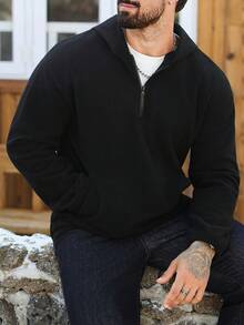 Manfinity CasualCool 男士抓绒休闲INS风连帽衫。针织纹理面料，半拉链长袖连帽衫。适合送给丈夫的礼物。男士套头衫，高领设计，冬季款 - 黑色 - 查看 1