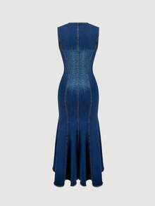 Sweetra Fashionable Casual Denim Dress For Women - Blue - View 2