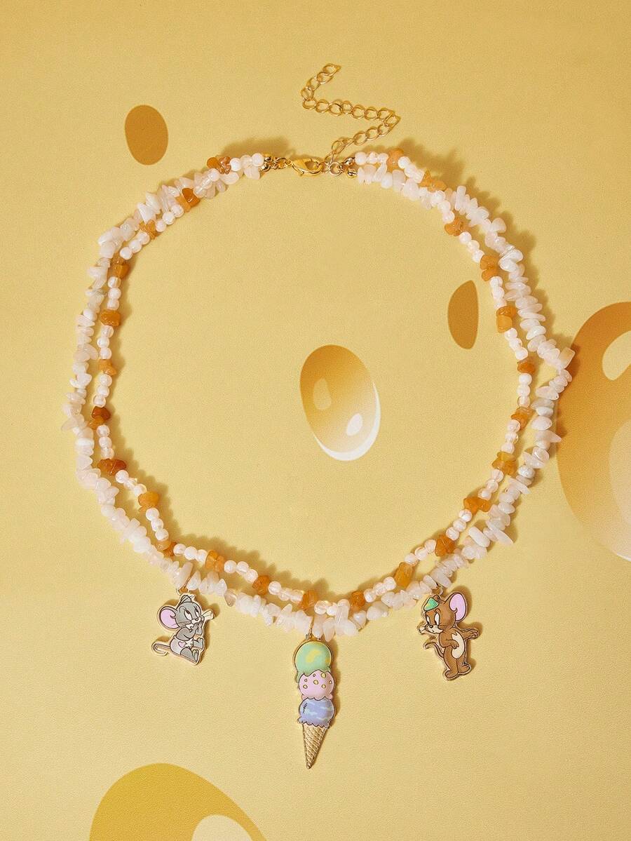 TOM & JERRY X SHEIN 1pc Women's Fashionable Cartoon Element Beaded Necklace - Gold - View 1