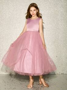 Girls' Elegant Round Neck Sleeveless Pink Maxi Dress With Bow Back Mesh, Suitable For Evening Party, Wedding, Flower Girl, Prom, Birthday, Holiday, Christmas, Halloween, And Other Occasions