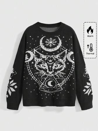 Goth Maglione nero oversize con motivi gotici di stelle, lune e gatti, adatto per festival musicali, celebrazioni e Natale. Maglione in stile Y2K per feste, vacanze e moda casual autunno/inverno.