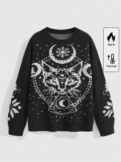 Goth Maglione nero oversize con motivi gotici di stelle, lune e gatti, adatto per festival musicali, celebrazioni e Natale. Maglione in stile Y2K per feste, vacanze e moda casual autunno/inverno.
