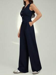 SHEIN Tall Bộ vest đơn hàng khuy đơn màu và quần túi hộp thường ngày dành cho nữ - Màu xanh hải quân - Xem 4
