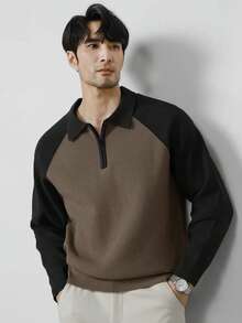 Manfinity Hypemode Men's Casual Colorblock Sweater For Autumn & Winter, Long Sleeve Top - Khaki - View 3