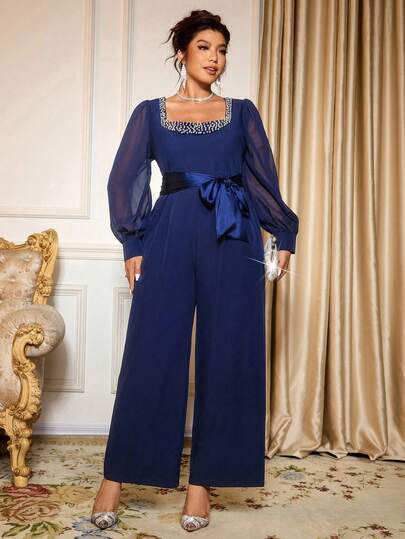 Cravure Plus Size Women's Solid Color Square Neck Rhinestone Splice Chiffon Lantern Sleeve Tie Waist Long Jumpsuit, Suitable For Party And Gathering