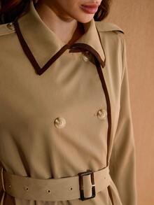 MOTF PREMIUM 卡其色时尚百搭日常通勤风衣，腰部收紧，撞色织带双排扣翻领，女士系带风衣，秋冬季 - 卡其色 - 查看 2