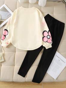 SHEIN 2 piezas Conjunto de top de manga larga y pantalones de color block casual de niña en negro - Multicolor - Ver 2