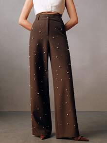 Anewsta Quần dài dáng rộng họa tiết chắp vá đính ngọc trai bất đối xứng dành cho nữ, mùa xuân/thu - màu nâu - Xem 5