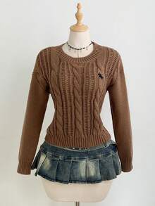 SHEIN Unity Suéter de punto de manga larga con cuello redondo, bordado con elemento de caballo de caballero, de moda para mujer en otoño/invierno, color camello - Marrón - Ver 4