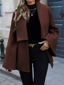 EMERY ROSE Women's Elegant Commuter Casual French Style Turndown Collar V-Neck Double-Breasted Open Front A-Line Pleated Flare Sleeve Loose Cuff Long Sleeve Woolen Coat, Suitable For Spring, Autumn And Winter - Rust Brown - View 8