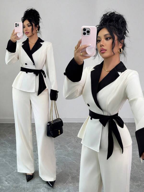 Elenzga New Women's Suit Collar Double-Breasted Cardigan Design With Belt Contrast Color Design Jacket, Elastic Waist Design Trousers With Side Pockets, Elegant And Slim Fit Office Lady Suit Set For Autumn/Winter