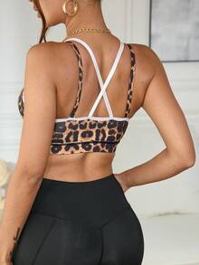 Slayform Slayform Fashionable Leopard Print Patchwork Sports Bra With Criss-Cross Straps And Supportive Cup - Black - View 3