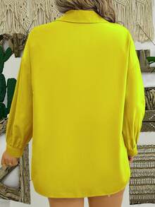 EMERY ROSE Plus Size Solid Color Drop Shoulder Long Sleeve Casual Button Front Loose Blouse For Women - Yellow - View 2
