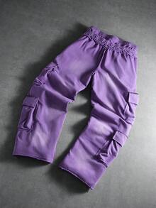 PAVTROS Calça de moletom masculina roxa 2 em 1, com cós duplo, bolsos cargo grandes nas pernas, estampa de bolinhas por toda a peça, cintura elástica, bolsos laterais, modelagem solta, tamanho grande, estilo casual urbano, ideal para presentear marido ou namorado, calça cargo roxa unissex para casais, calça cargo Y2K, calça roxa, calça rave, calça harajuku, estilo folgado, estampado, amigos, alternativo, streetwear, para homens, para corrida. - Roxa - Ver 2