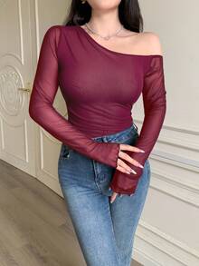 Modelyn Women's Solid Color Mesh Patchwork Oblique Shoulder Ruched Minimalist T-Shirts - Burgundy - View 4