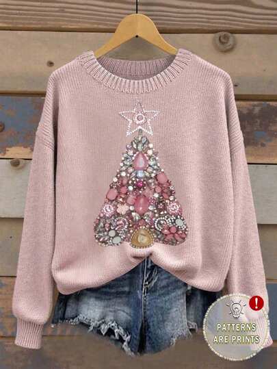 Glissea 色彩鲜艳舒适的圣诞毛衣，女式圆领长袖星星和圣诞树图案上衣，圣诞礼物