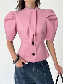 Aloruh 优雅纯色泡泡袖西装外套，适合通勤 - 粉色 - 查看 5