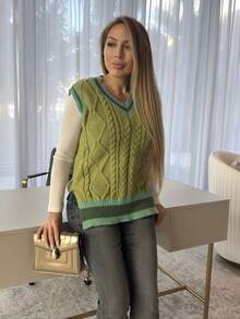 Cioccolato 條紋飾邊下擺開叉毛衣背心不帶襯衫 - 橄欖綠 - 查看 4