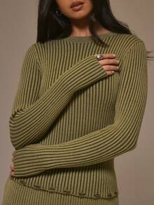 MUSERA Two Tone Knit Fitted Long Sleeve Top Cool Girl, Streetstyle, Cute, , , Winter - Army Green - View 2