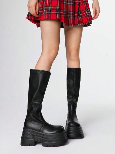 Grunge Punk Women's Multi-Layer Platform Round Toe Dark Punk Elastic Boots, Leather Upper, New Autumn/Winter Everyday Street Punk Campus Knight Over-The-Knee Boots