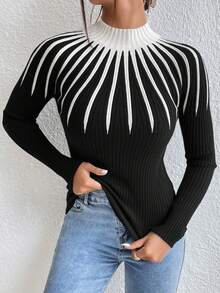 Aidyla Striped Pattern Stand Collar Fitted Stylish Long Sleeve Sweater - Black and White - View 6