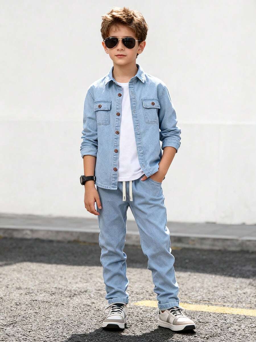 1pc Tween Boy Light Wash Blue Elastic Waist + Faux Chain + Relaxed Fit Wide Leg Jeans, Casual Streetwear Style Suitable For School, Travel, Party, Autumn/Spring