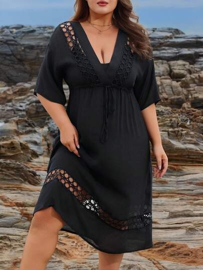 Swim Lushoire 大码女式镂空蕾丝拼接收腰性感休闲度假罩衫