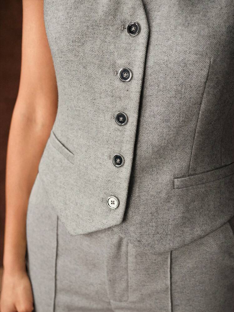 WOOL BLEND V-NECK SINGLE BREASTED PLACKET BLAZER VEST , FALL WINTER