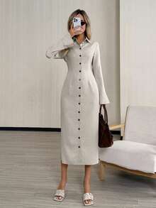 Easowa 翻领、开衩袖口、收腰、纽扣前襟衬衫裙款式长袖中长连衣裙，休闲优雅的办公着装，秋冬季 - 淺灰色 - 查看 4