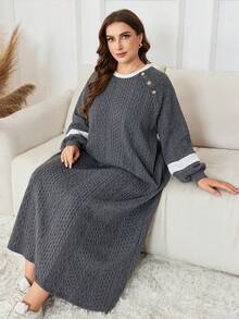 Lacomfia Sudadera con capucha de punto casual de manga larga y bloques de color talla grande - Gris - Ver 7