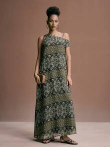JIAN LASALA Multicolor All-Over Boho Print Asymmetrical One-Shoulder Sleeveless Women Maxi Dress Holiday Najma Dress Casual Long Dress Bohemian Dress For Women Green Maxi Dress Women Cold Shoulder Dress For Women Sleeveless Maxi Dress Boho Maxi Dress Green Pattern Dress Elegant Ibiza Outfits Graphic Dress Motif Women Dresses - Multicolor - View 7