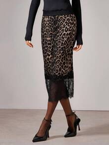 COSMINA Women's Elegant Lace Patchwork Leopard Print Skirt, Elegant Midi Skirt Perfect For Office Commutes And Everyday Wear - Brown - View 5