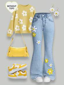 SHEIN Streecool Kids Celana Jeans Anak Perempuan Model Flare Biru Retro Pinggang Tinggi, Motif Bunga Biru Muda, Lucu, Musim Panas, Kembali ke Sekolah, Celana Denim Slim Fit Elastis dengan Desain Ujung Berumbai - Medium Wash - View 3
