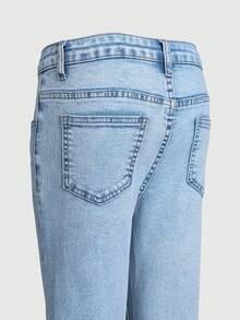 SHEIN Streecool Kids Celana Jeans Anak Perempuan Model Flare Biru Retro Pinggang Tinggi, Motif Bunga Biru Muda, Lucu, Musim Panas, Kembali ke Sekolah, Celana Denim Slim Fit Elastis dengan Desain Ujung Berumbai - Medium Wash - View 8