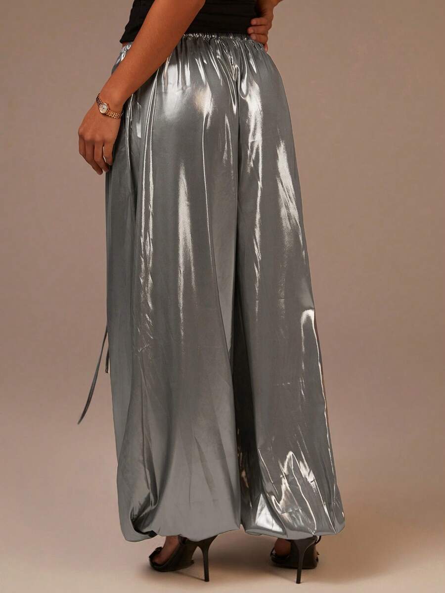 Athîral Women's Fashionable Metallic Jogging Pants, Loose Harem Pants, Elastic Waistband Drawstring Athletic Casual Pants, Airport Women's Wear, Wide-Leg Women's Pants, Streetwear Women's Clothing, Holiday Clothing, Christmas Pants, Music Festival, New Year Women's Clothing, Party Wear. - Silver - View 1