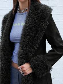 COUREZ 仿皮草长款大衣 /Y2K 秋季女装 冬季女装 女士冬季夹克 女士冬季外套 - 黑色 - 查看 6