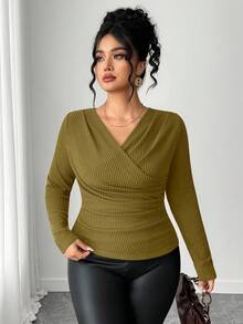 Dazy Plus V-Neck Ribbed Tight Fitted Long Sleeve Plus Size Women Cropped T-Shirt, Spring/Autumn - Yellow - View 5