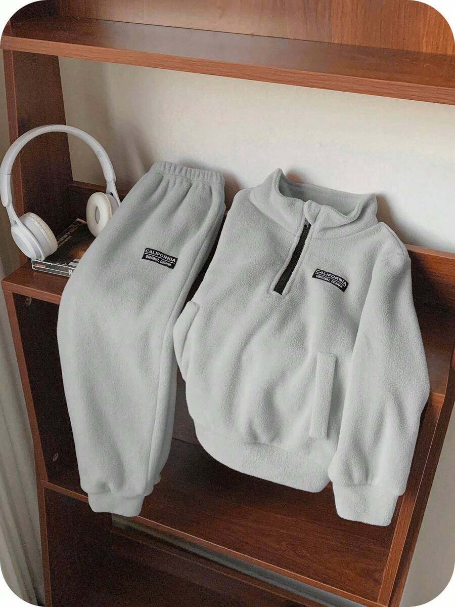 SHEIN 2 件套年轻男童休闲简约服装，羊毛加厚，适合秋冬季 - 淺灰色 - 查看 1