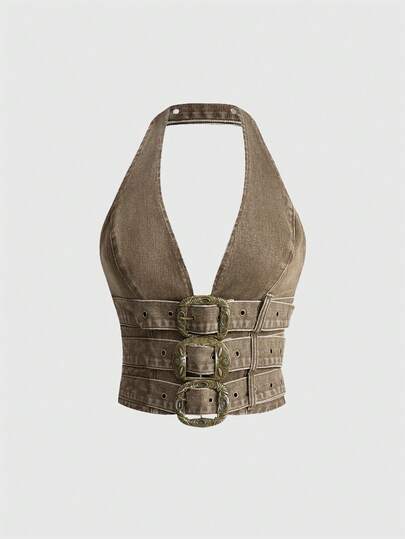 Hippie Vintage Heavy Washed Silver Buckle Halter Backless Denim Vest For Women