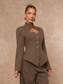 Lumalex 立领镂空腰部金属纽扣收腰直筒短裤，女士长袖套装 - 棕色 - 查看 1