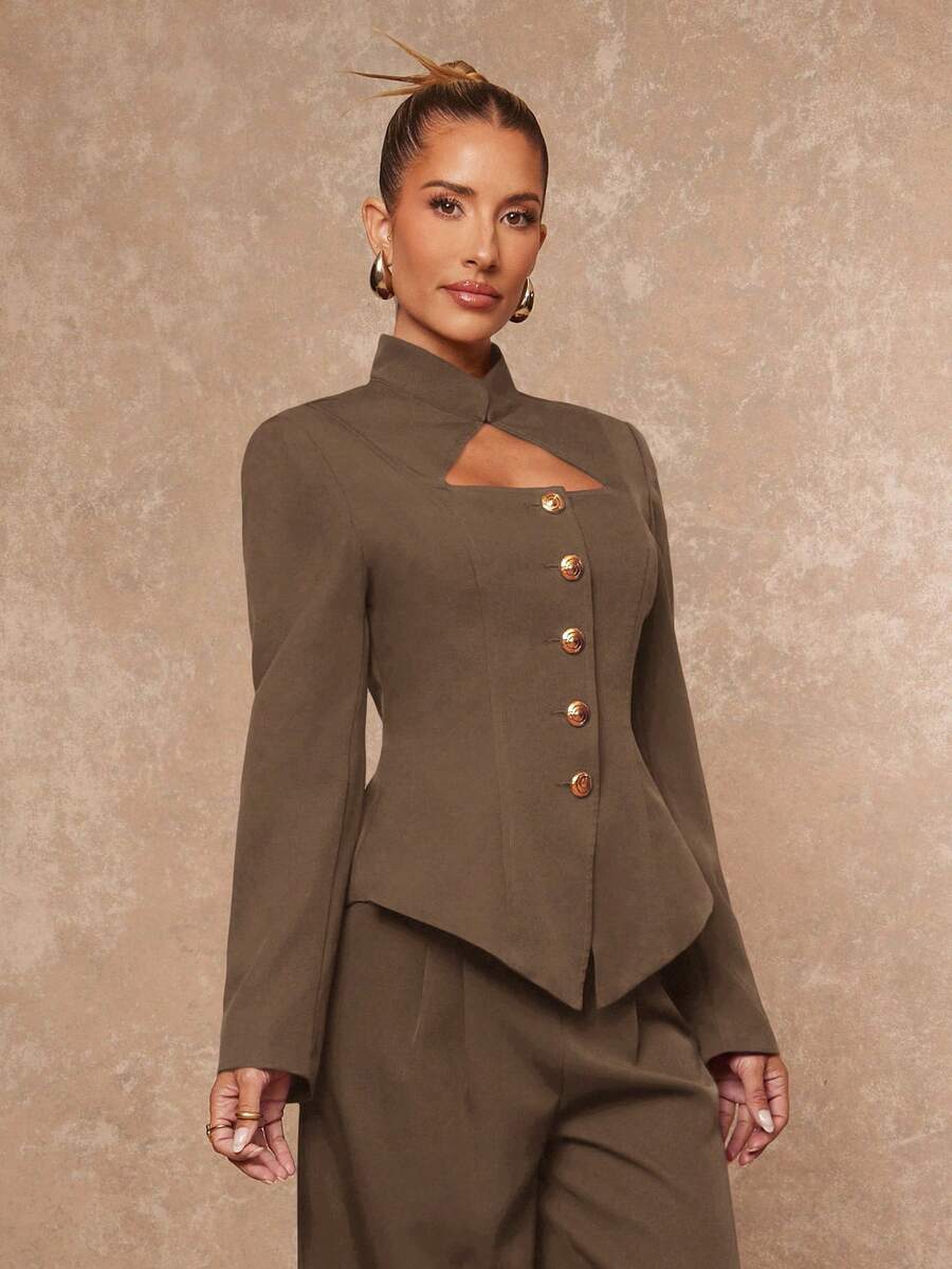 Lumalex 立领镂空腰部金属纽扣收腰直筒短裤，女士长袖套装 - 棕色 - 查看 1